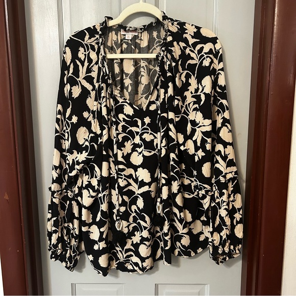 Knox Rose Balloon Sleeve Tassel Top Black and Cream Floral Flowy Swingy Sz XXL - Picture 3 of 10